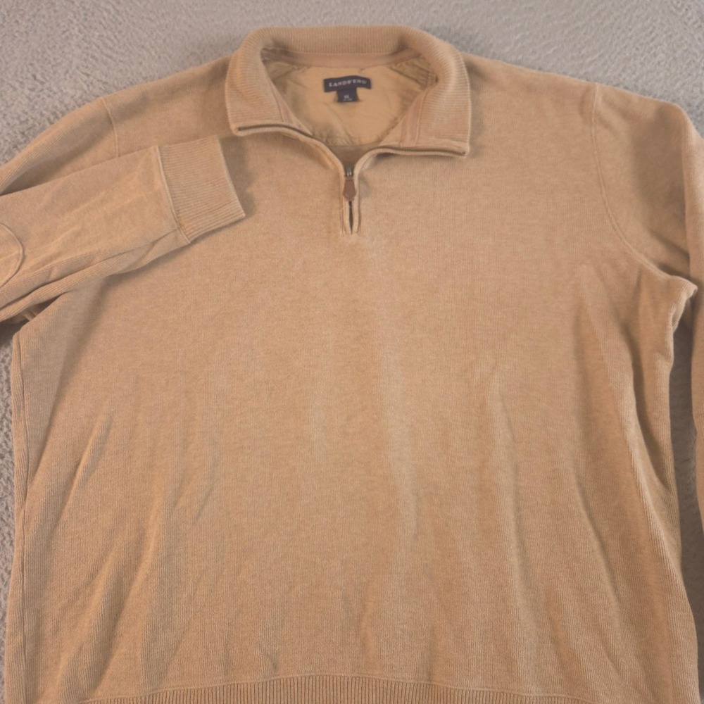 VINTAGE Lands' End Sweater Womens XL Tan Elbow Patches Cotton Quarter Zip 00s
